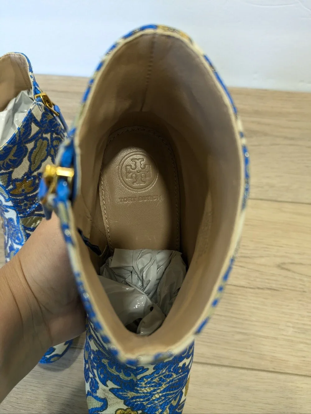 Tory Burch Shelby Brocade Ankle Boots 6.5 Blue Gold Floral Embroidered Victorian